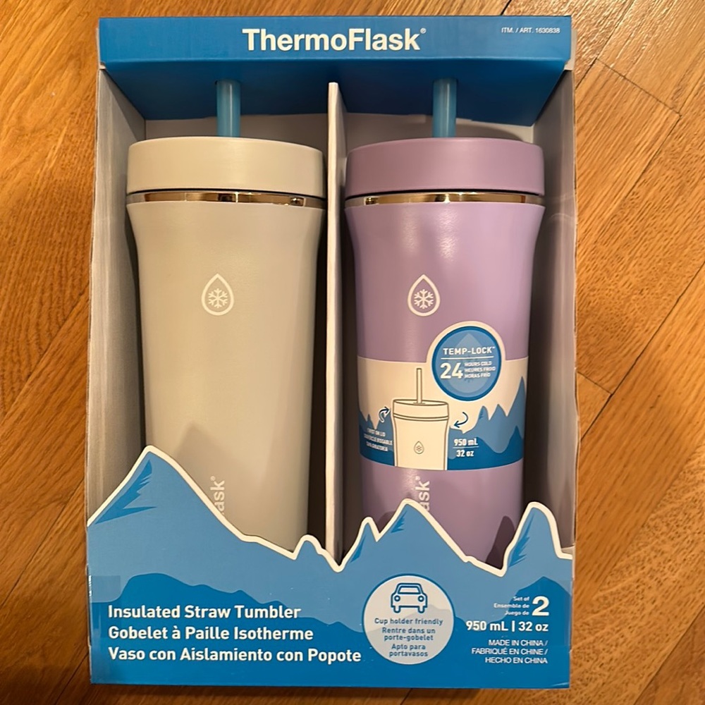ThermoFlask 32oz straw tumbler, grey and purple